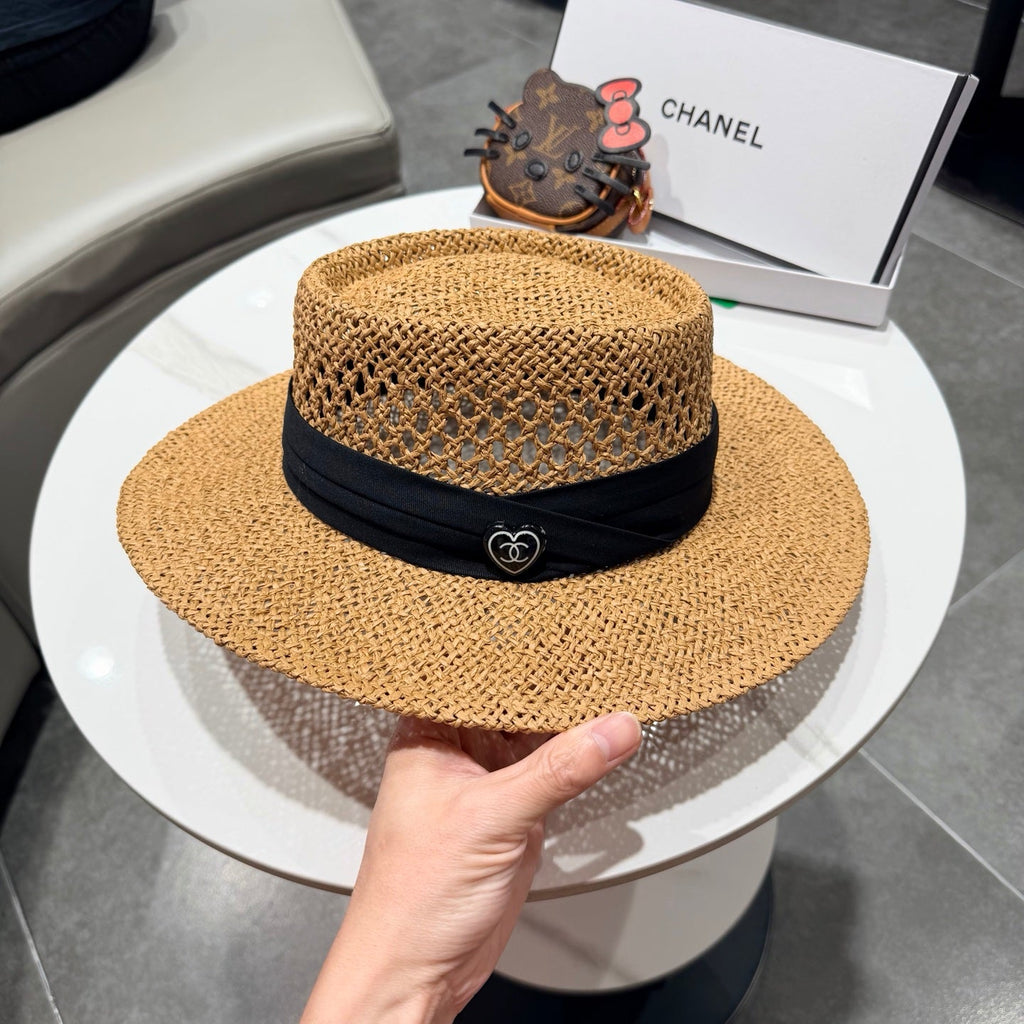 Chanel French Flat Top Hat Camel Black in Straw 201566