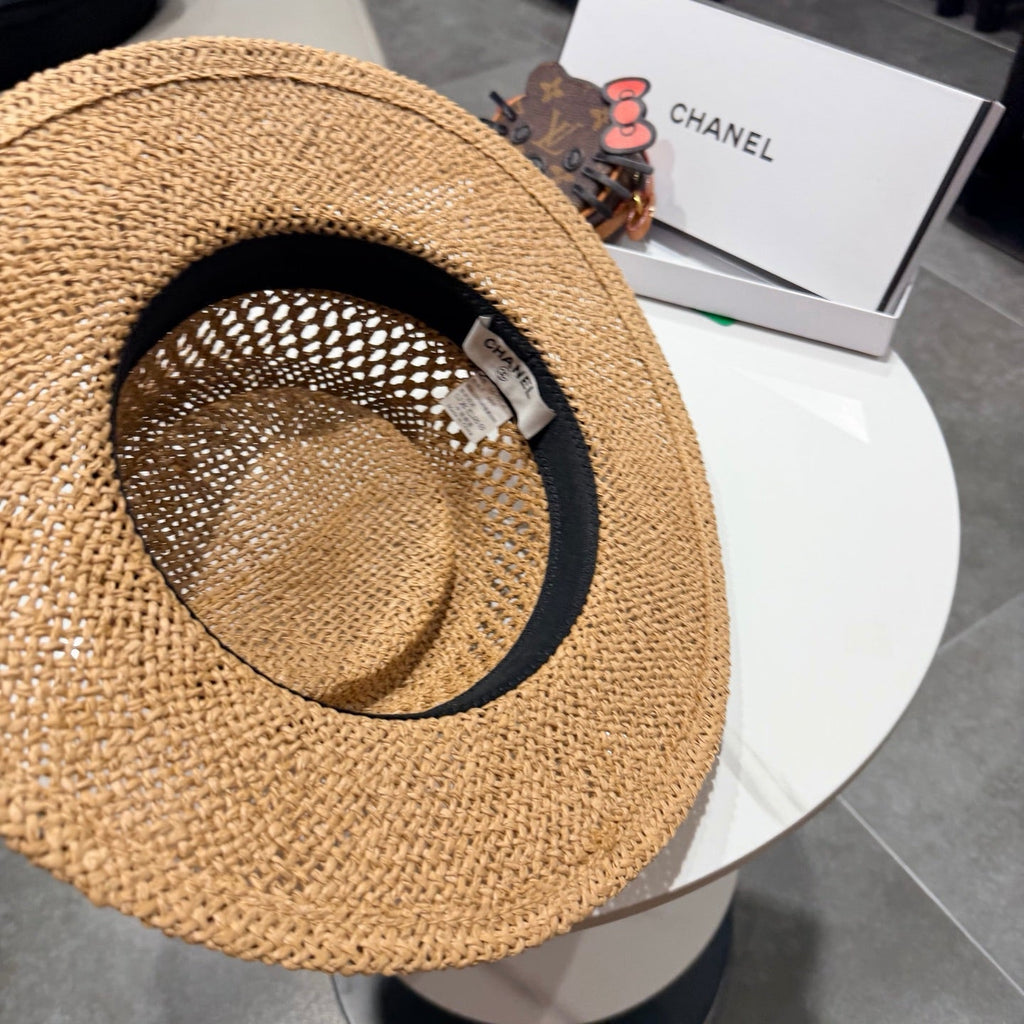 Chanel French Flat Top Hat Camel Black in Straw 201566