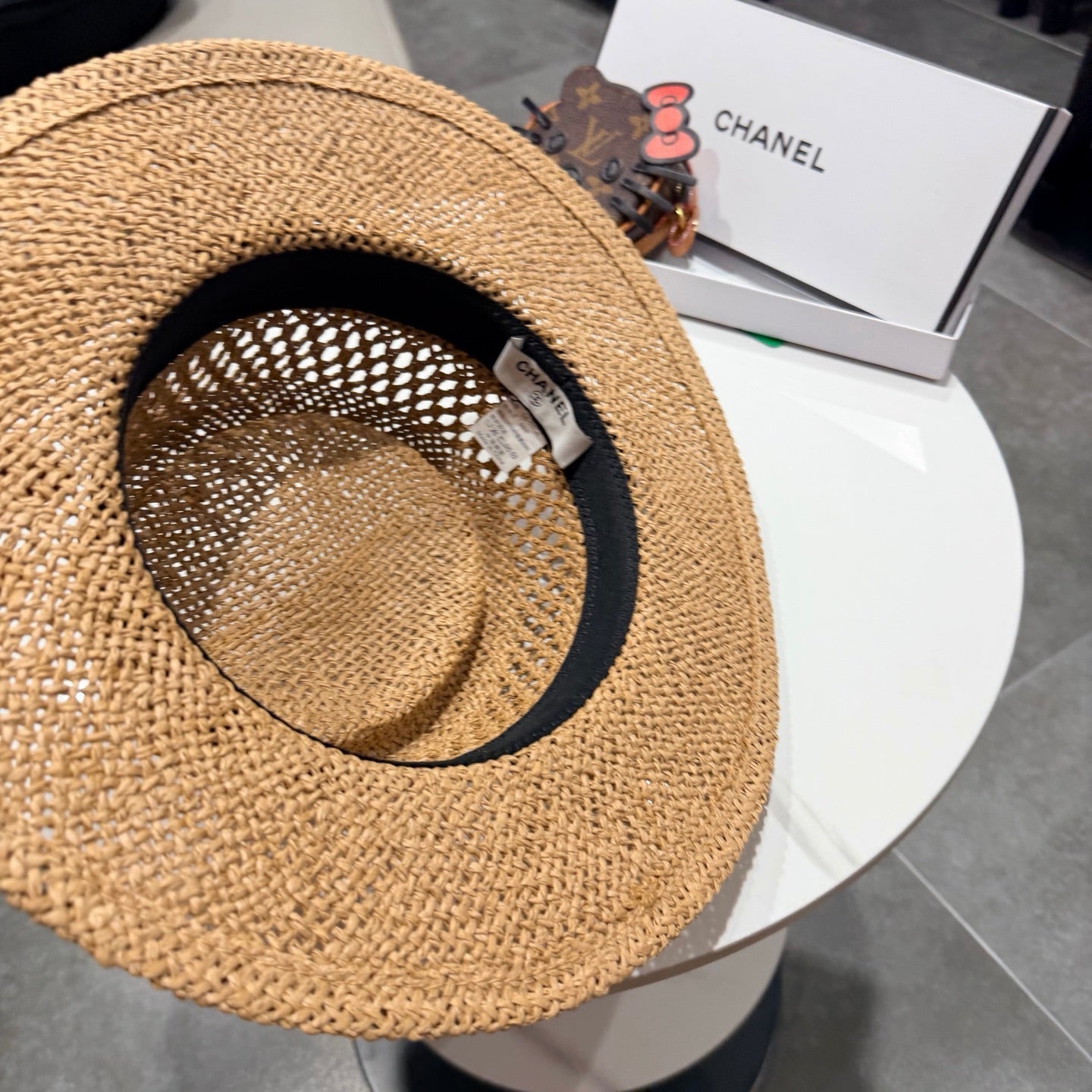 Chanel French Flat Top Hat Camel Black in Straw 201566