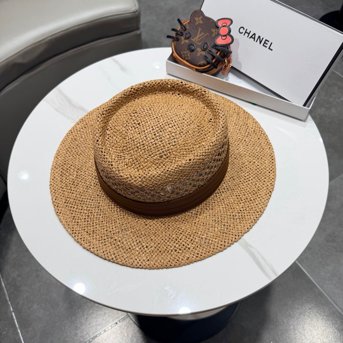 Chanel French Flat Top Hat Camel Brown in Straw 201565