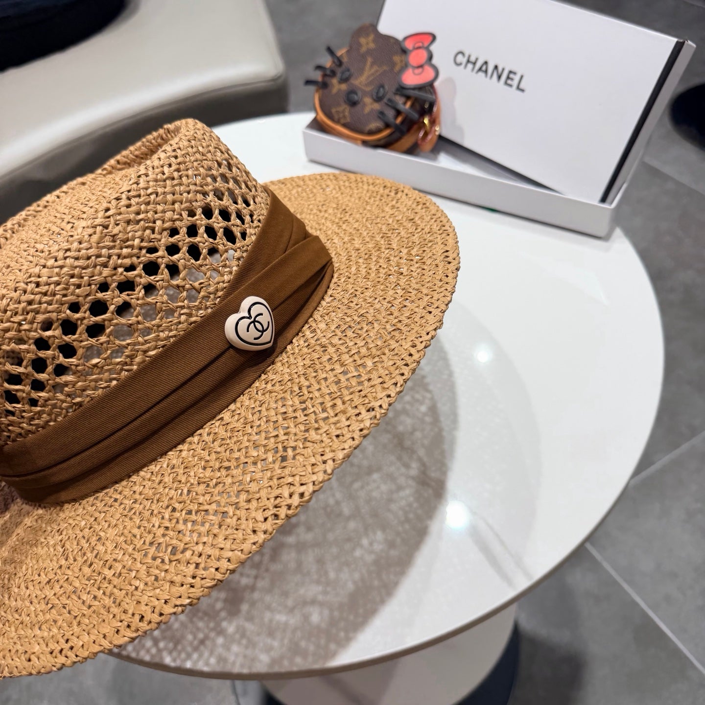 Chanel French Flat Top Hat Camel Brown in Straw 201565