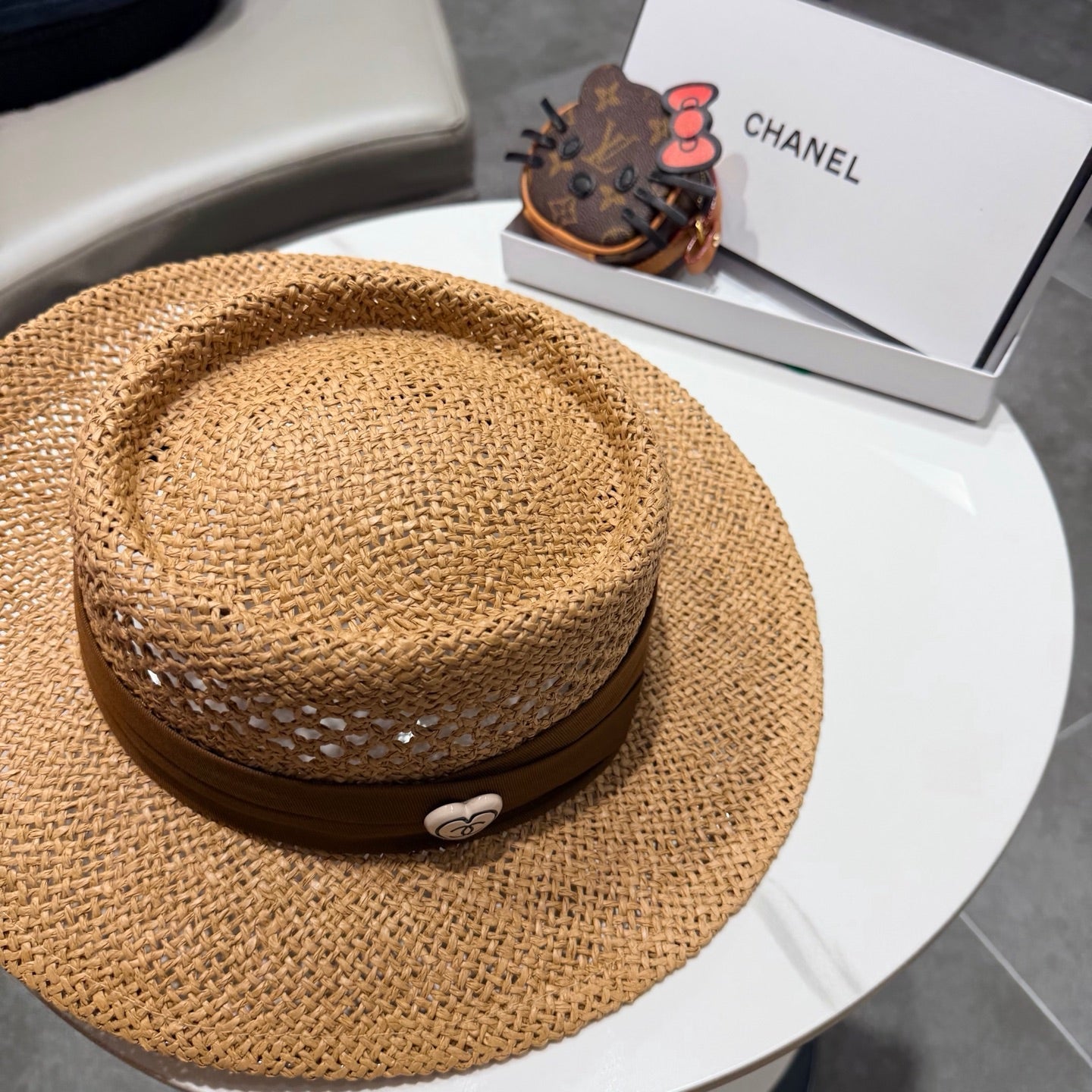 Chanel French Flat Top Hat Camel Brown in Straw 201565