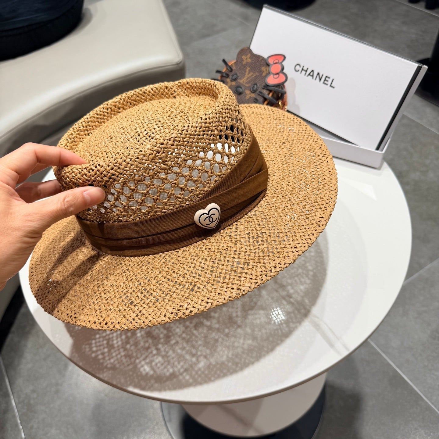 Chanel French Flat Top Hat Camel Brown in Straw 201565