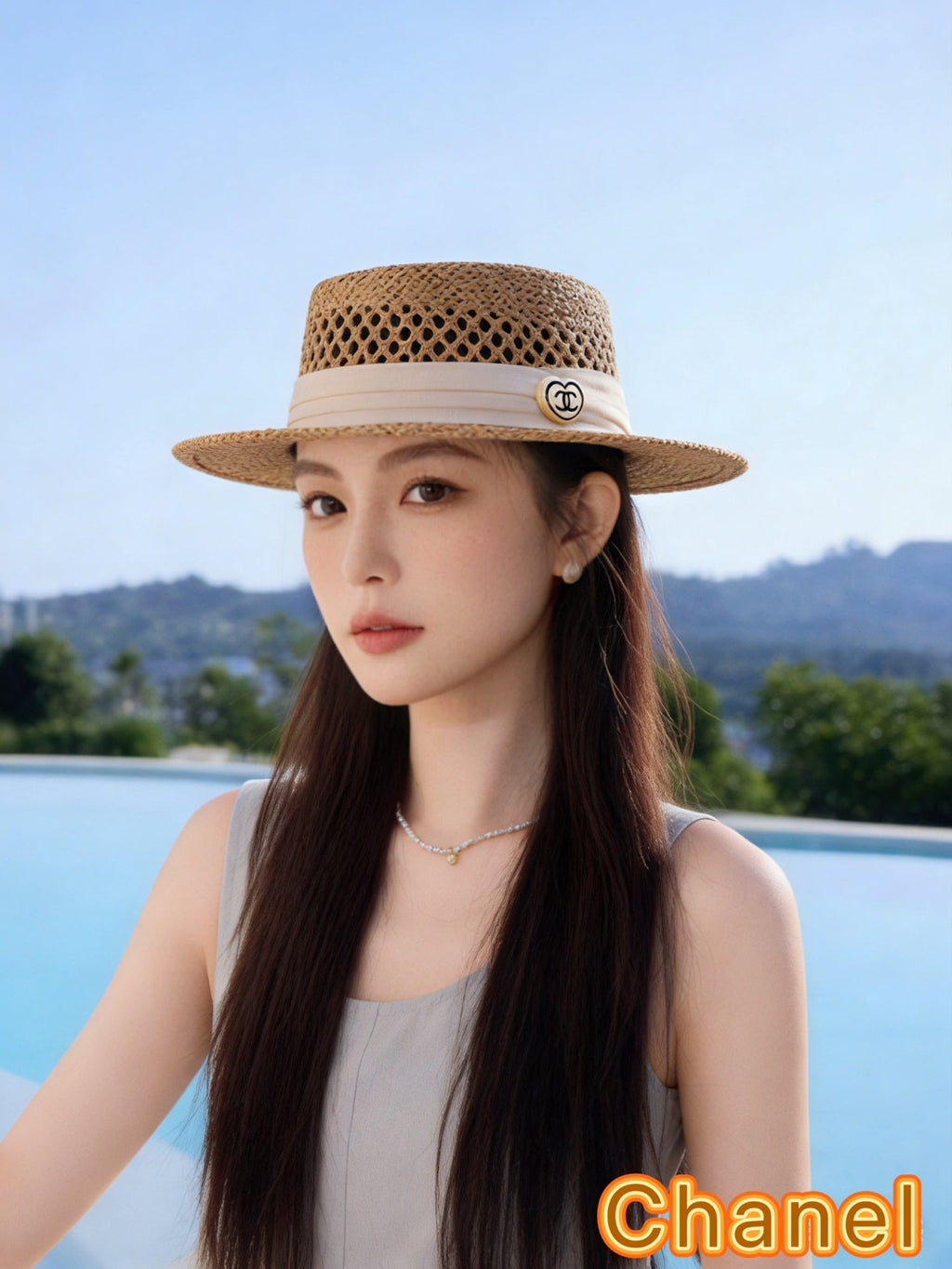 Chanel French Flat Top Hat Camel White in Straw 201564