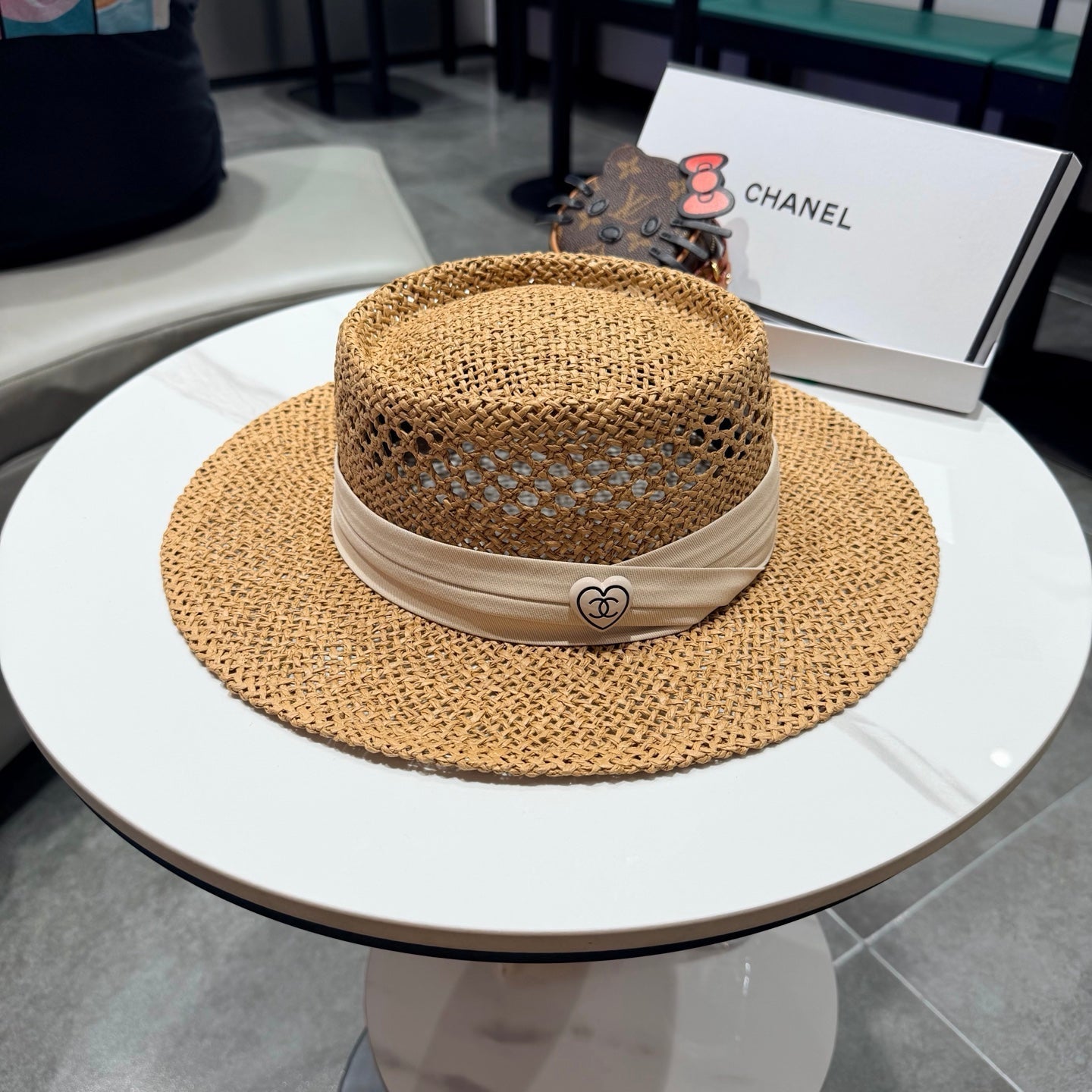 Chanel French Flat Top Hat Camel White in Straw 201564