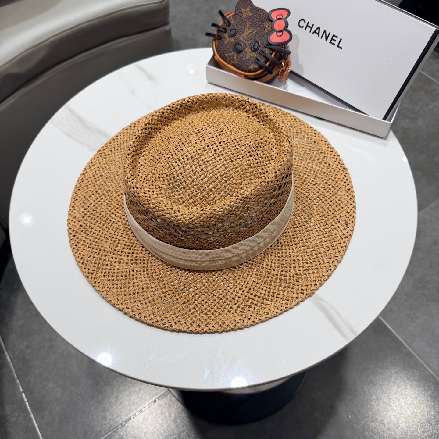 Chanel French Flat Top Hat Camel White in Straw 201564