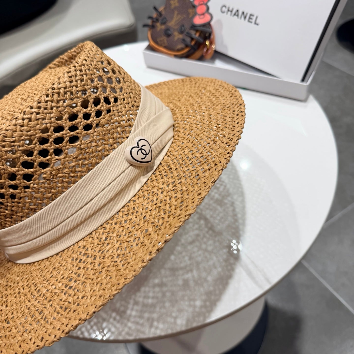 Chanel French Flat Top Hat Camel White in Straw 201564