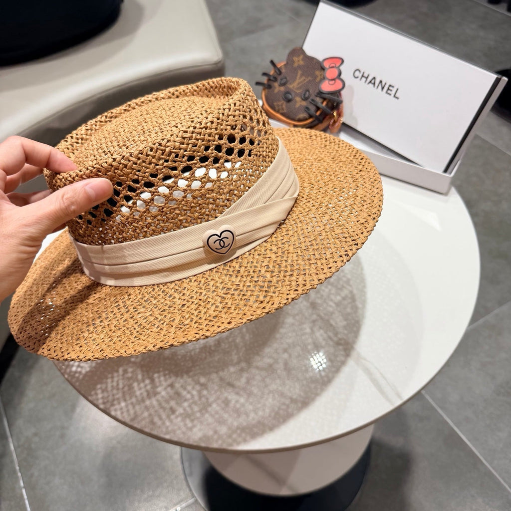 Chanel French Flat Top Hat Camel White in Straw 201564