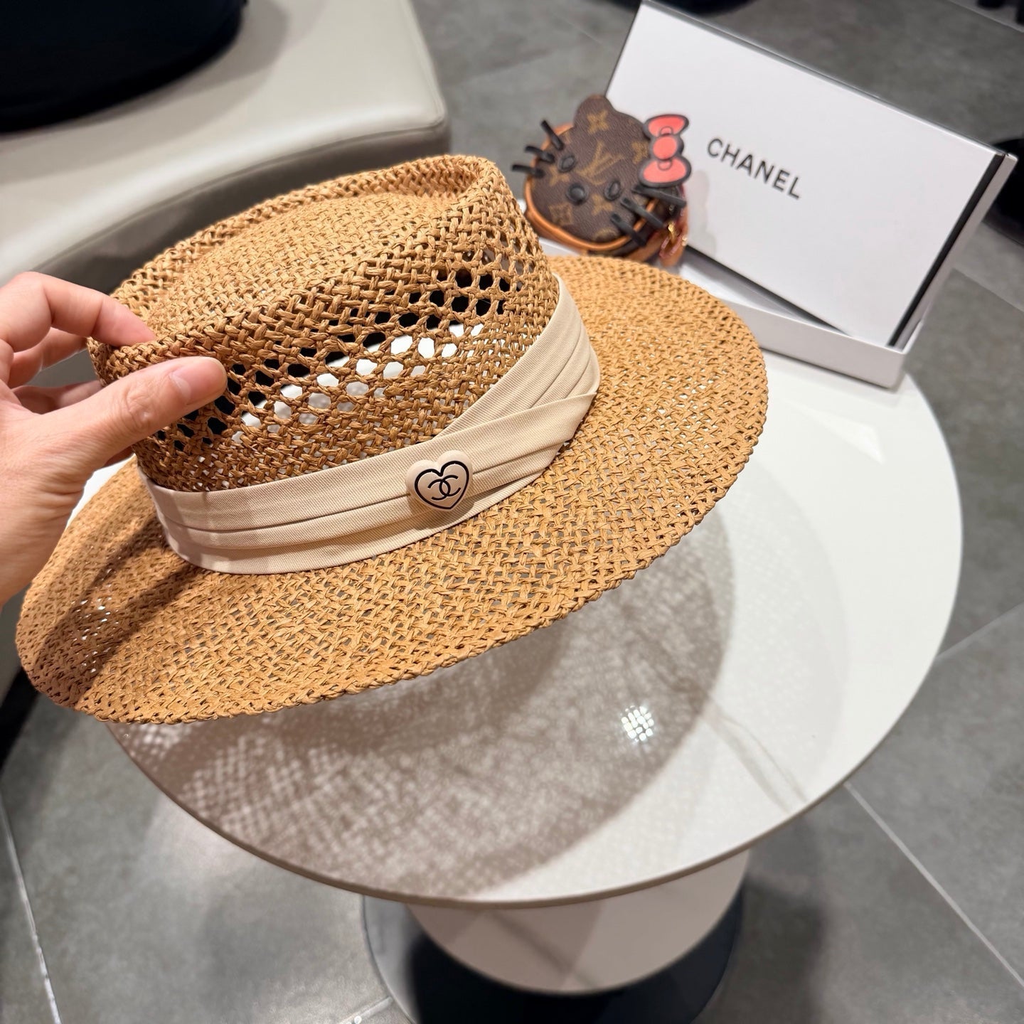 Chanel French Flat Top Hat Camel White in Straw 201564