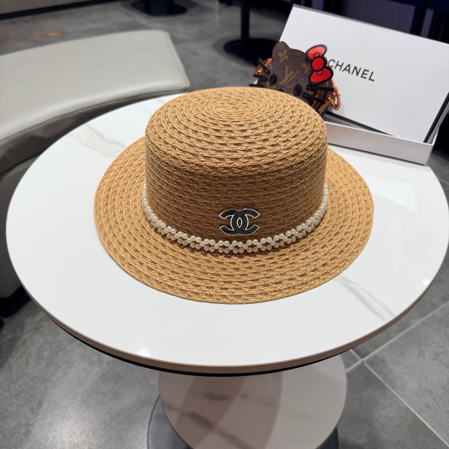 Chanel French Hat Elegant Pearl Camel in Straw 201562