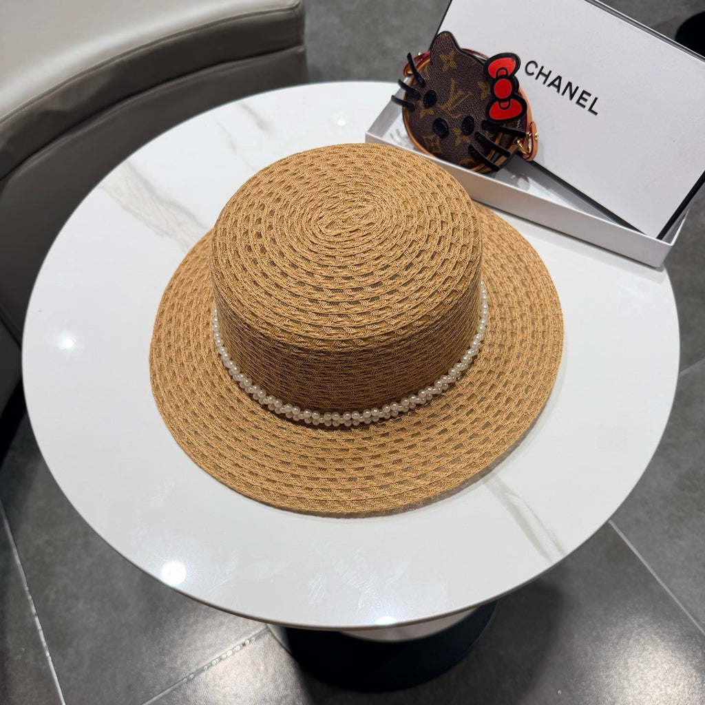 Chanel French Hat Elegant Pearl Camel in Straw 201562