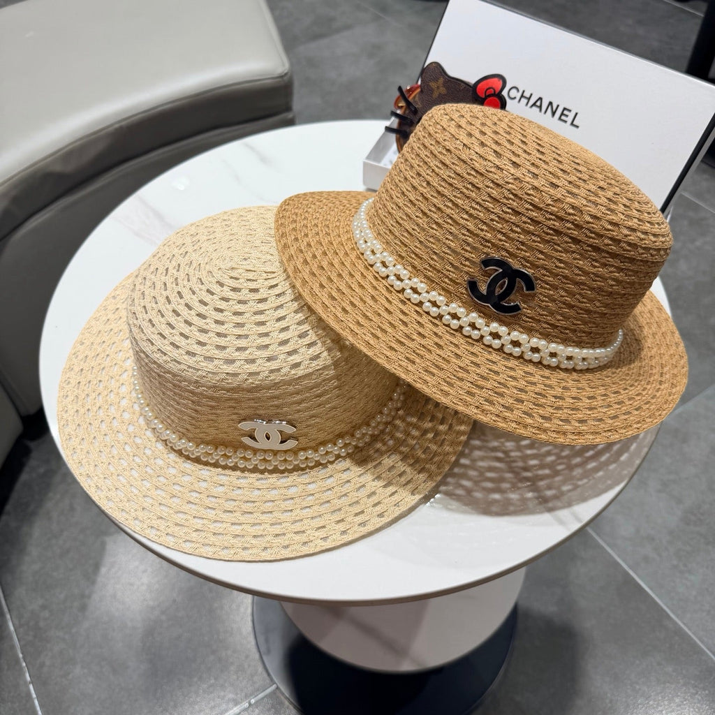 Chanel French Hat Elegant Pearl Camel in Straw 201562