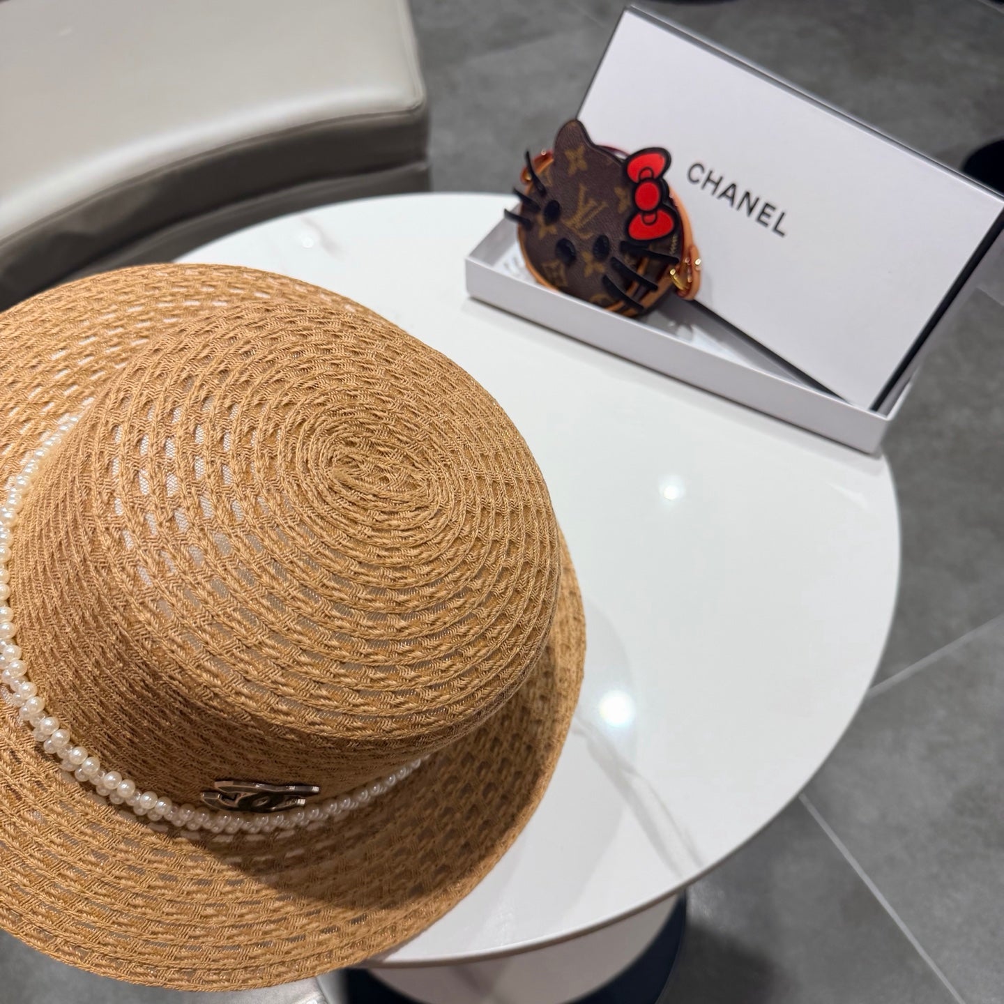 Chanel French Hat Elegant Pearl Camel in Straw 201562