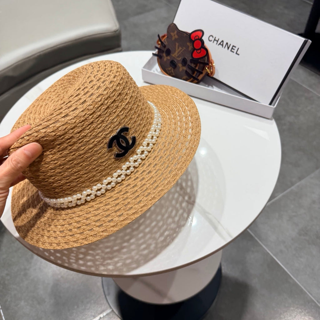 Chanel French Hat Elegant Pearl Camel in Straw 201562