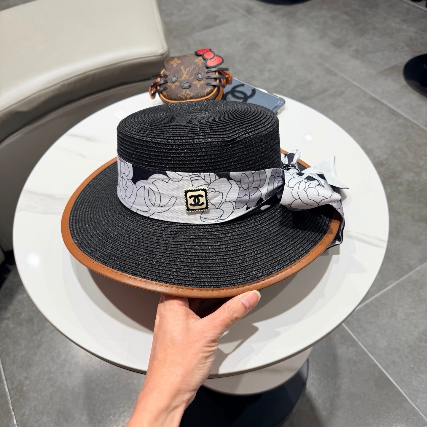 Chanel Flat-top Black Straw Hat 201530