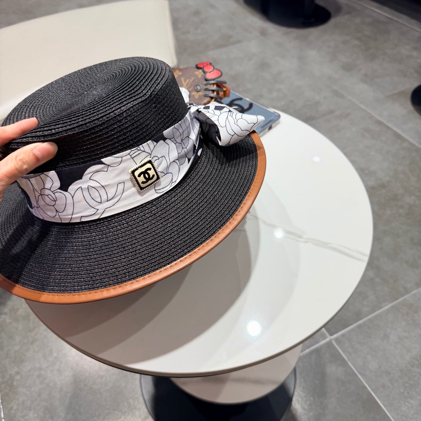 Chanel Flat-top Black Straw Hat 201530