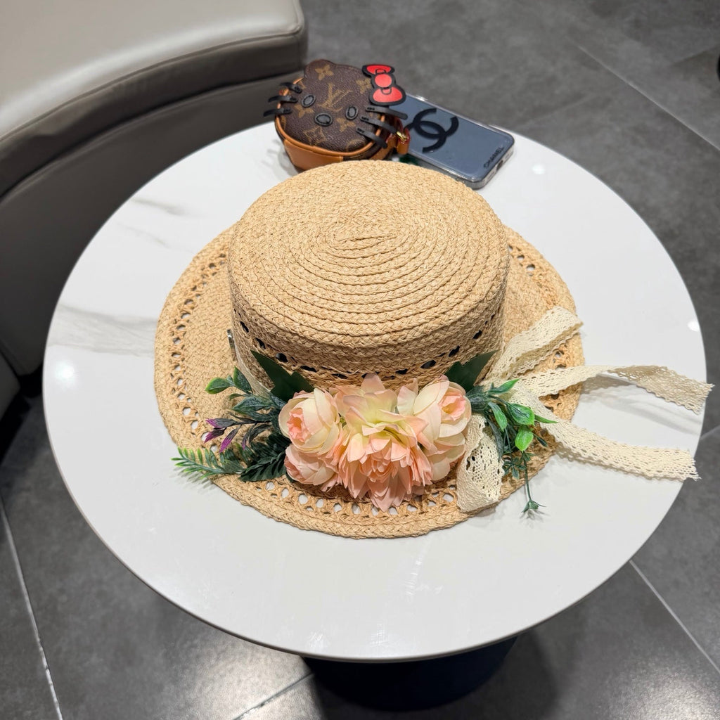 Chanel French-style 3D Floral Openwork Woven Beige Pink Straw Hat 201518