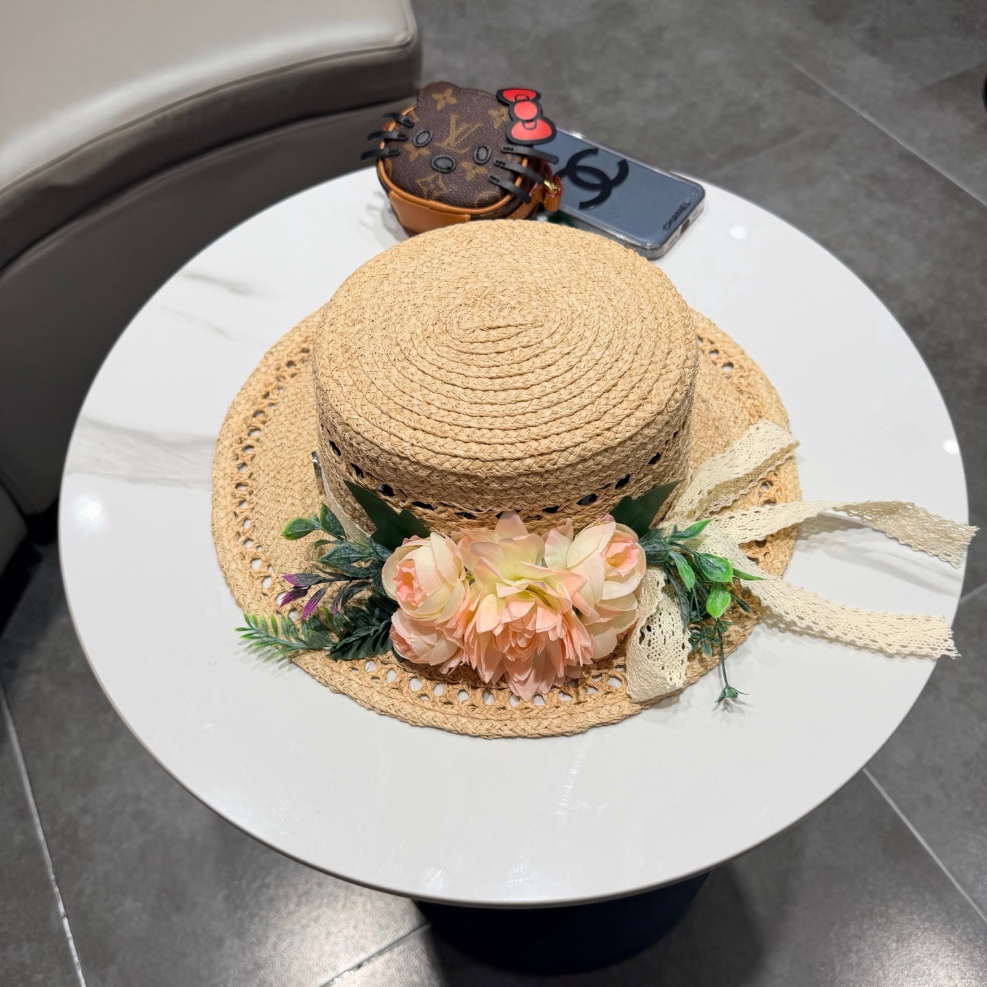 Chanel French-style 3D Floral Openwork Woven Beige Pink Straw Hat 201518