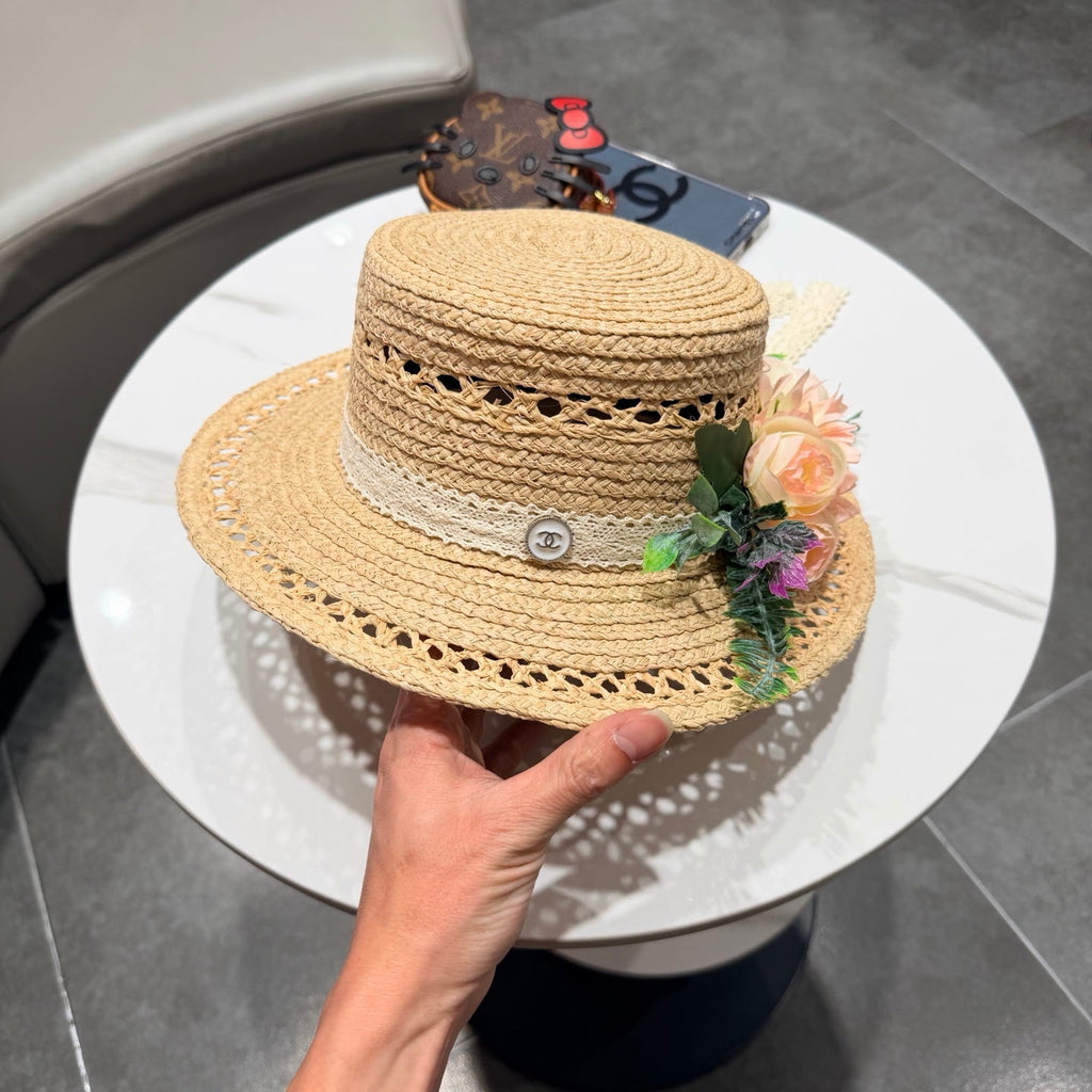 Chanel French-style 3D Floral Openwork Woven Beige Pink Straw Hat 201518