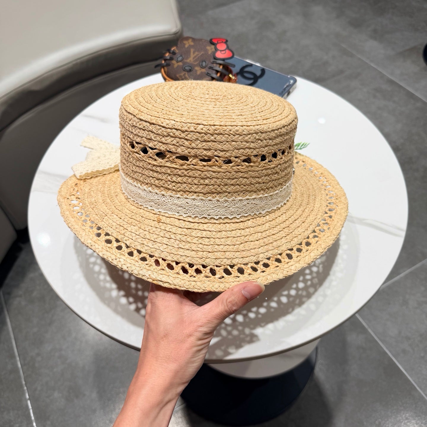 Chanel French-style 3D Floral Openwork Woven Beige Pink Straw Hat 201518
