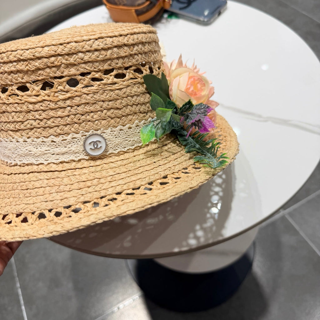 Chanel French-style 3D Floral Openwork Woven Beige Pink Straw Hat 201518