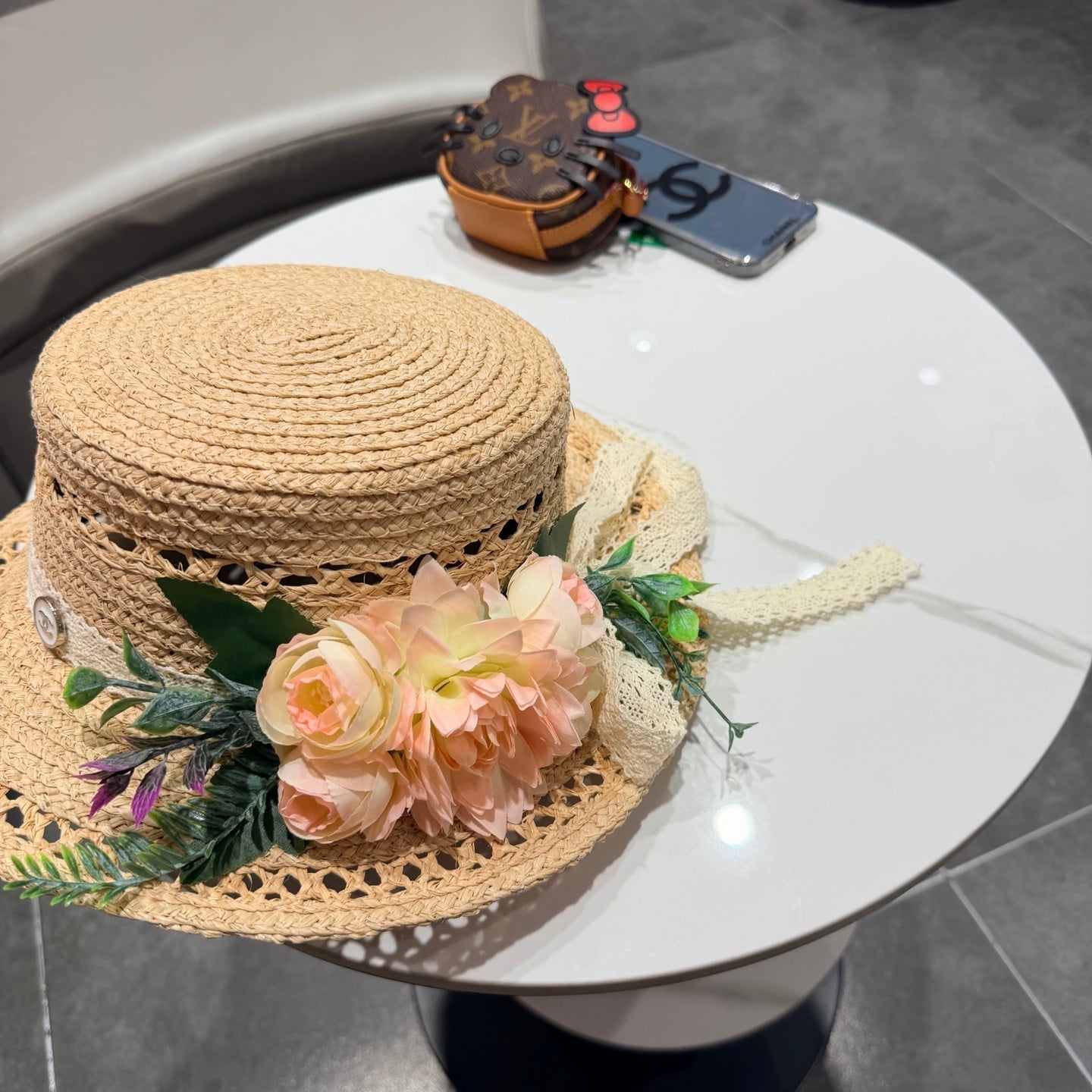 Chanel French-style 3D Floral Openwork Woven Beige Pink Straw Hat 201518