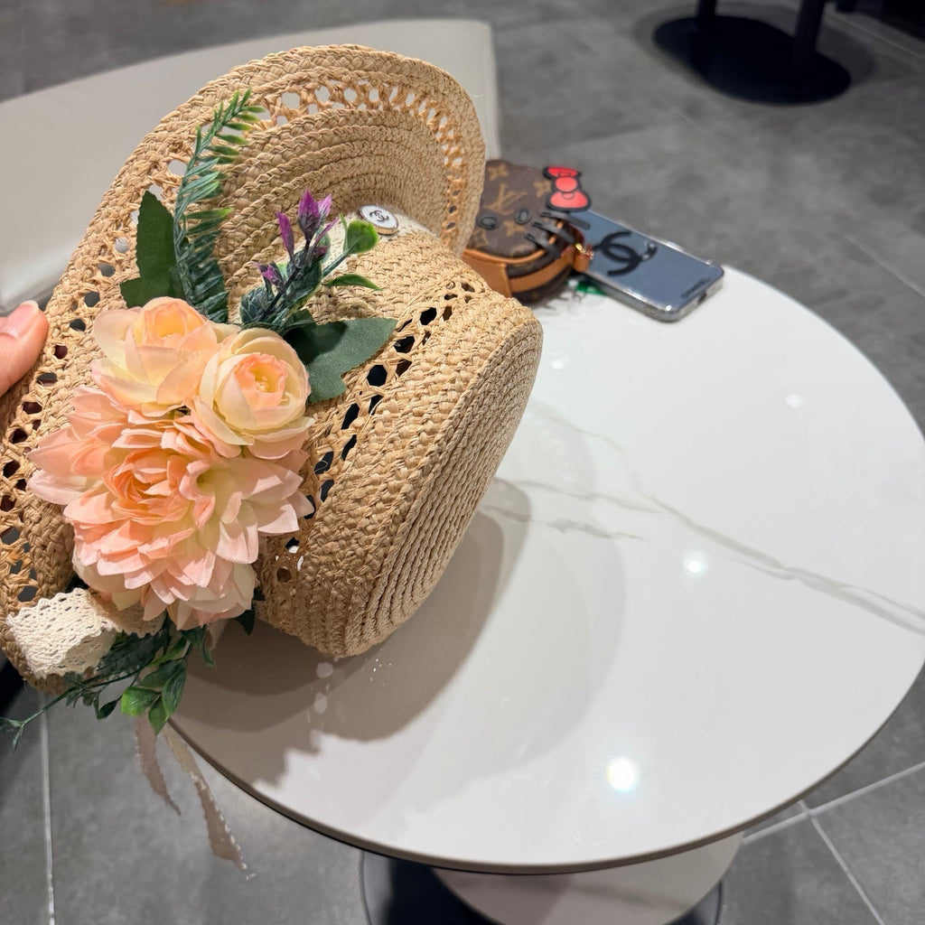 Chanel French-style 3D Floral Openwork Woven Beige Pink Straw Hat 201518