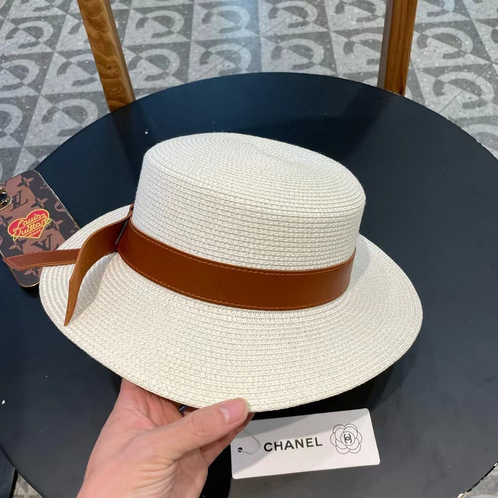 Chanel Woven Hat with Leather Strap White in Cotton 205615