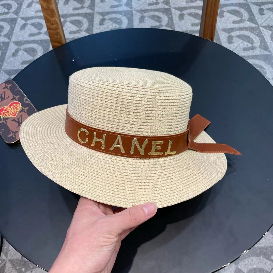 Chanel Woven Hat with Leather Strap Beige in Cotton 205613