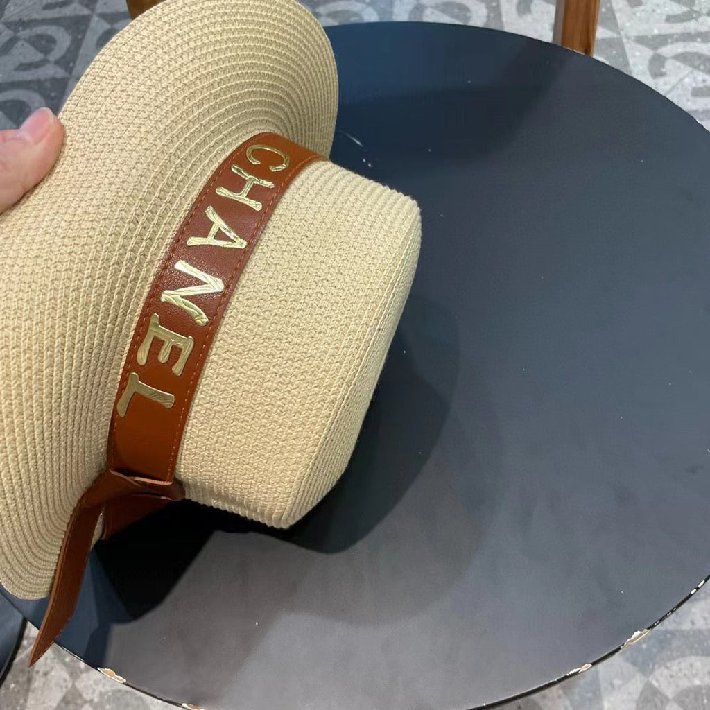 Chanel Woven Hat with Leather Strap Beige in Cotton 205613