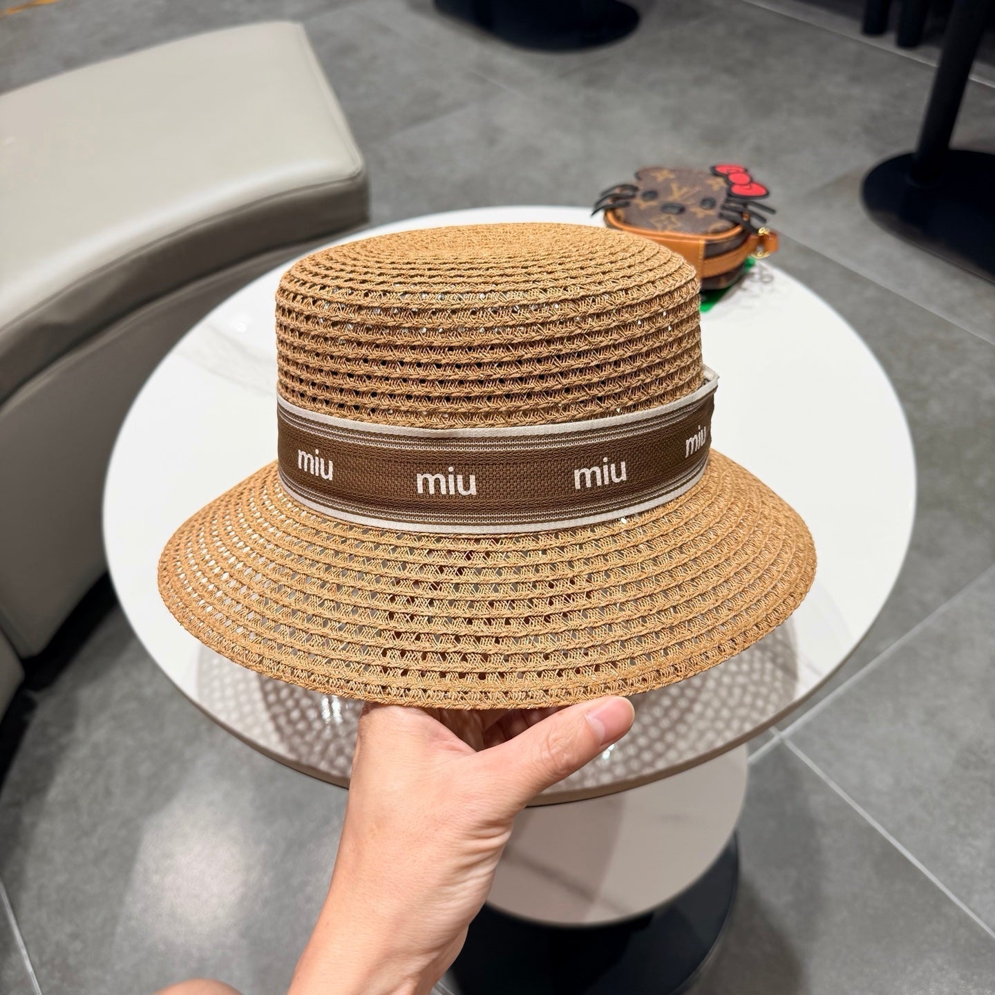 Miumiu Bucket Hat Camel Brown in Straw 205586