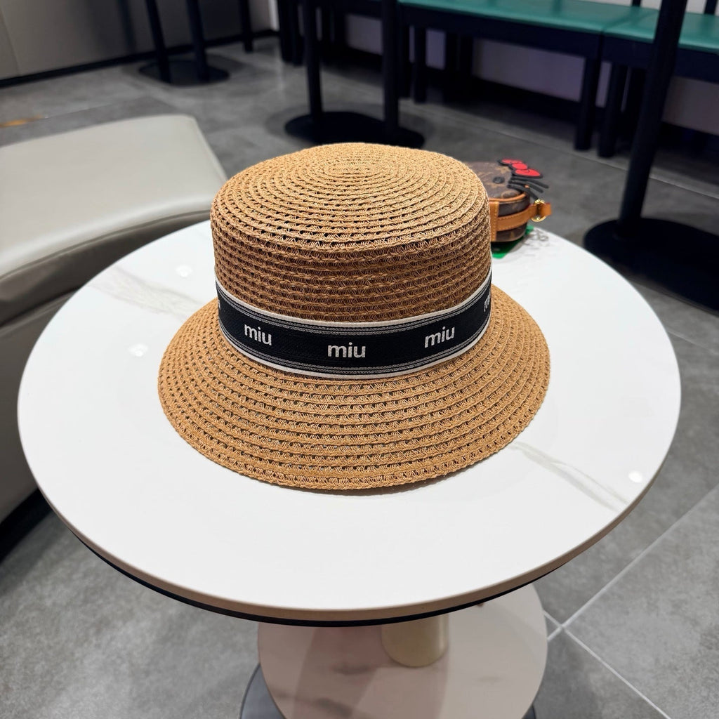 Miumiu Bucket Hat Camel Black in Straw 205583
