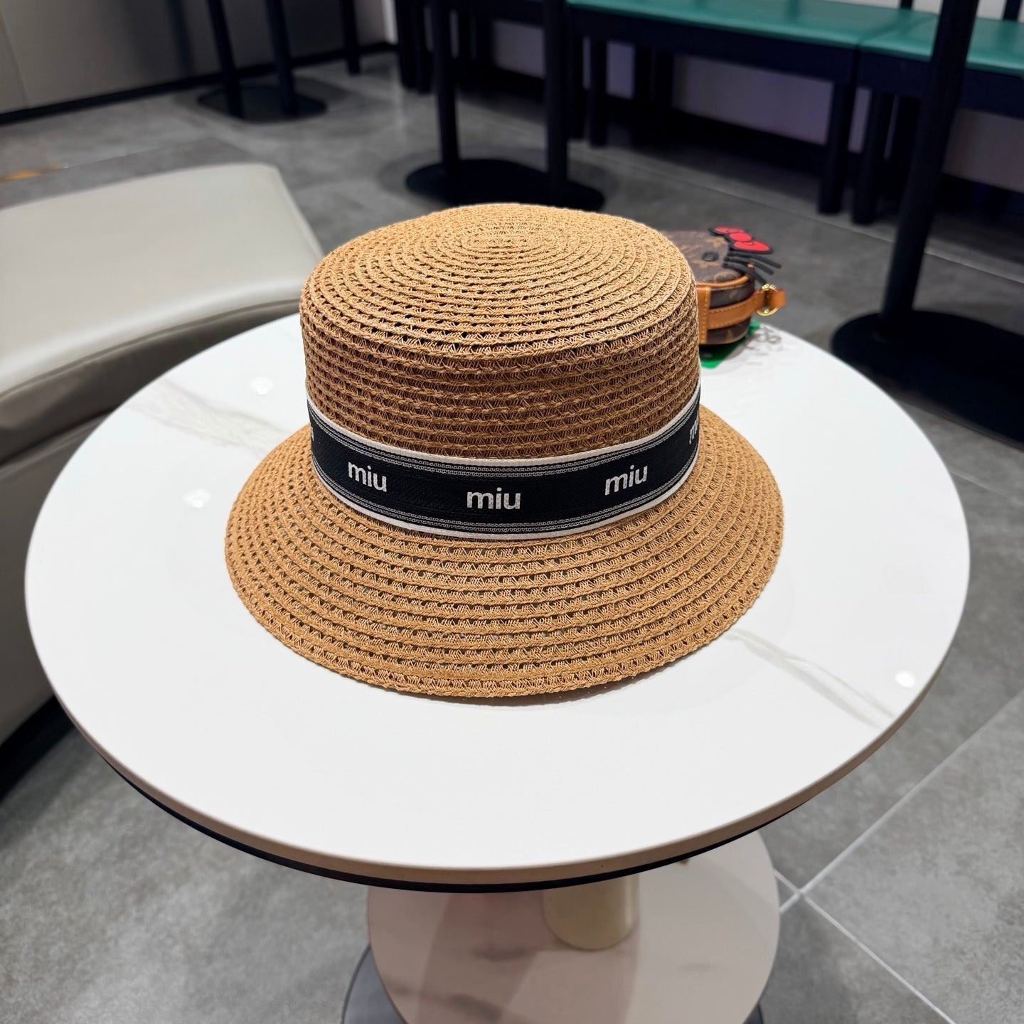 Miumiu Bucket Hat Camel Black in Straw 205583