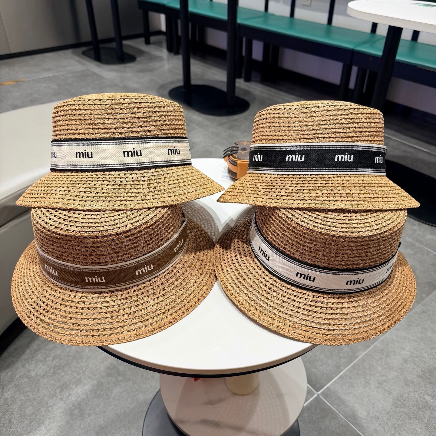 Miumiu Bucket Hat Camel Black in Straw 205583