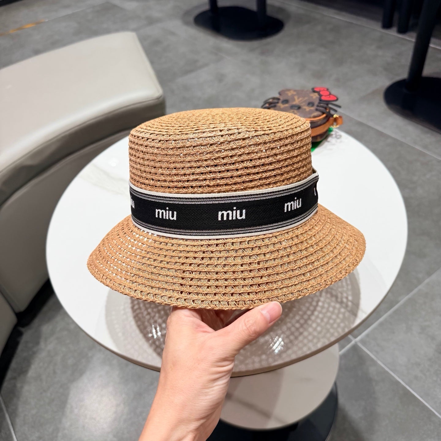 Miumiu Bucket Hat Camel Black in Straw 205583