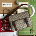 GUCCI OPHIDIA MEDIUM MESSENGER BAG 27 IN BEIGE AND EBONY  CALFSKIN GREEN RED WEB STRIPE CANVAS