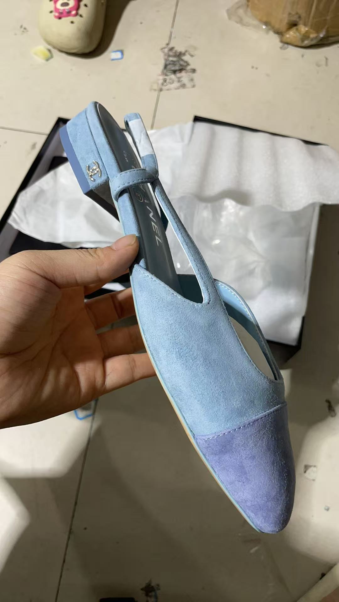 CHANEL SLINGBACK IN BABY BLUE SUEDE