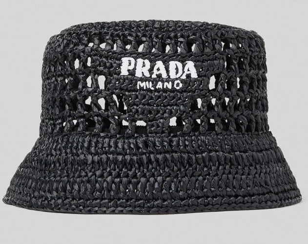 Prada Raffia Woven Black Bucket Hat