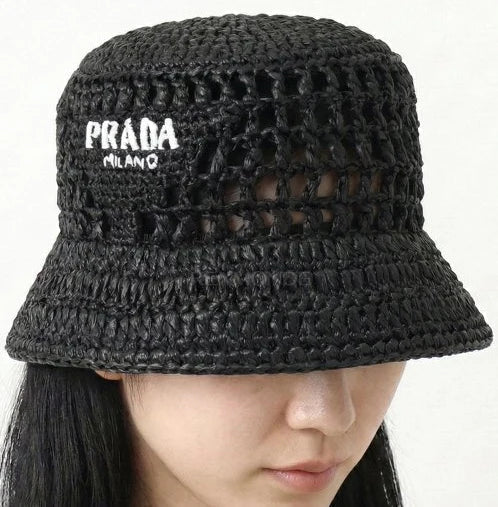 Prada Raffia Woven Black Bucket Hat
