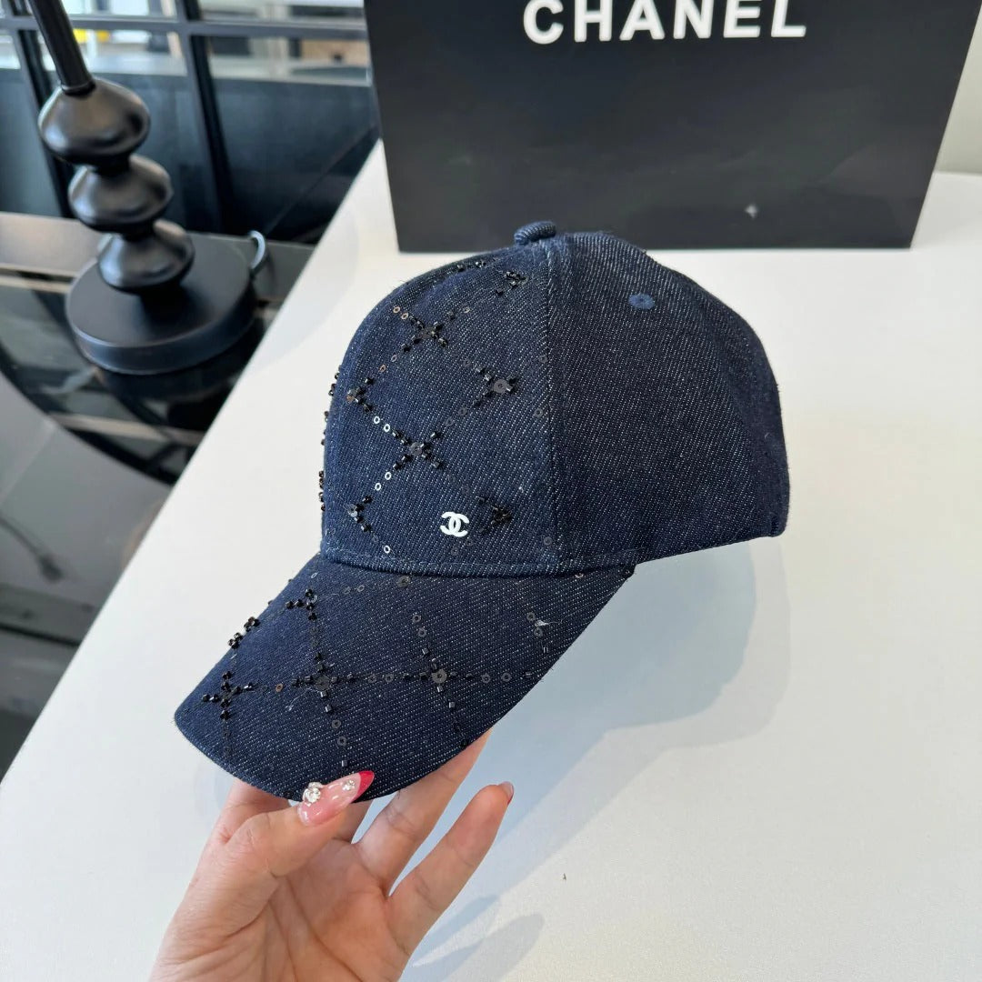 Chanel Baseball Cap With Decorative Embellishments Blue Denim Cotton 237288