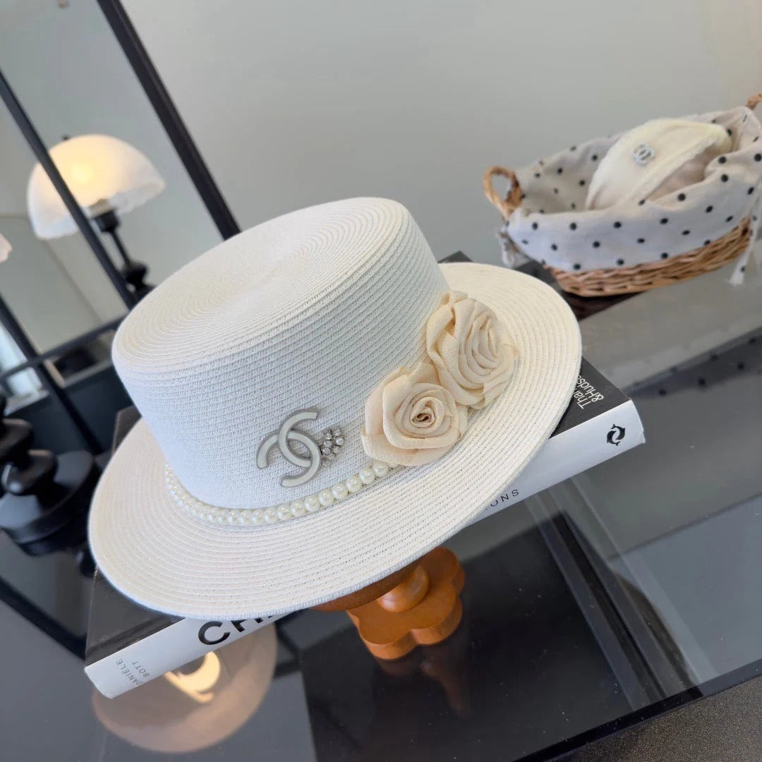 CC Flat-top Straw Hat With Flower Pearl 269016