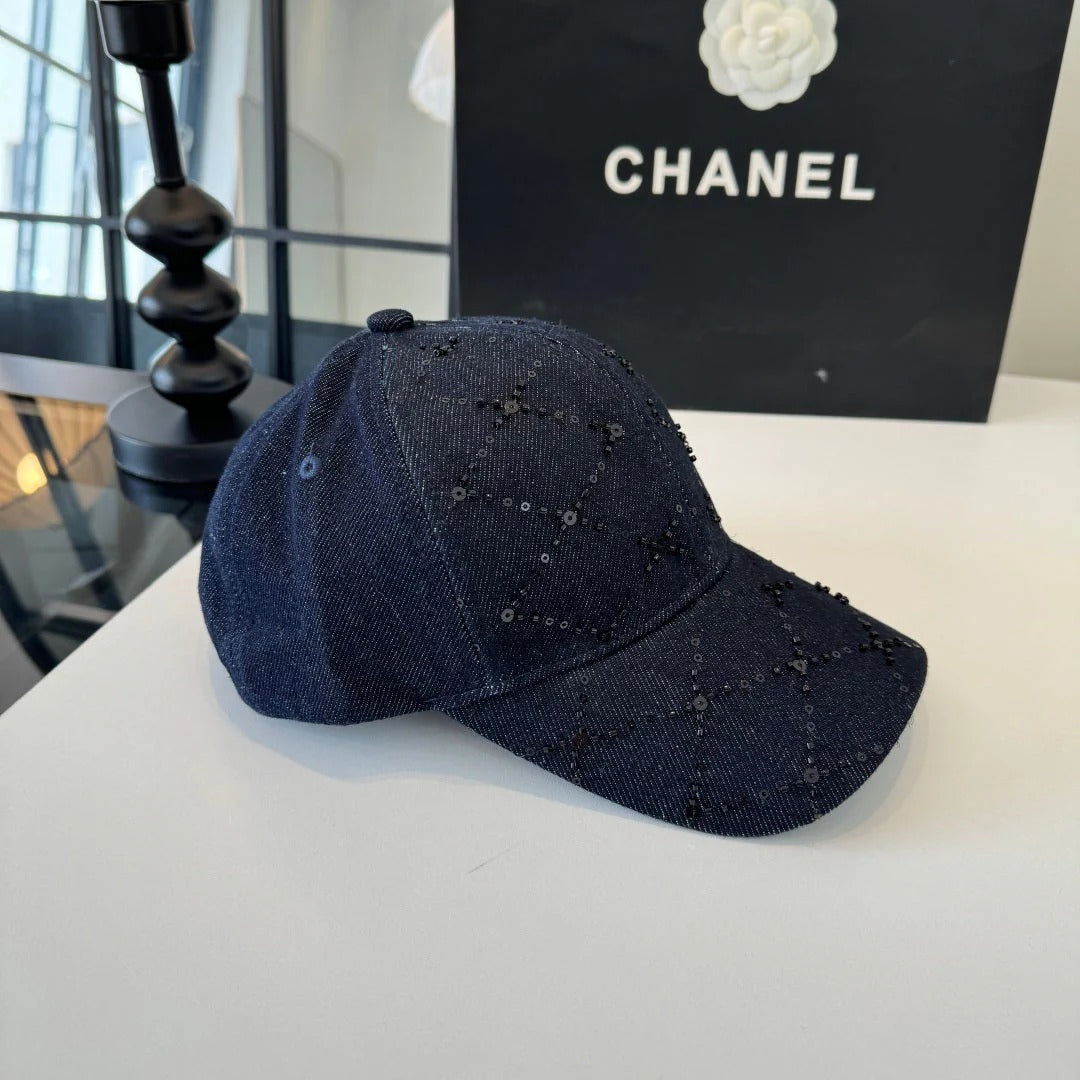 Chanel Baseball Cap With Decorative Embellishments Blue Denim Cotton 237288