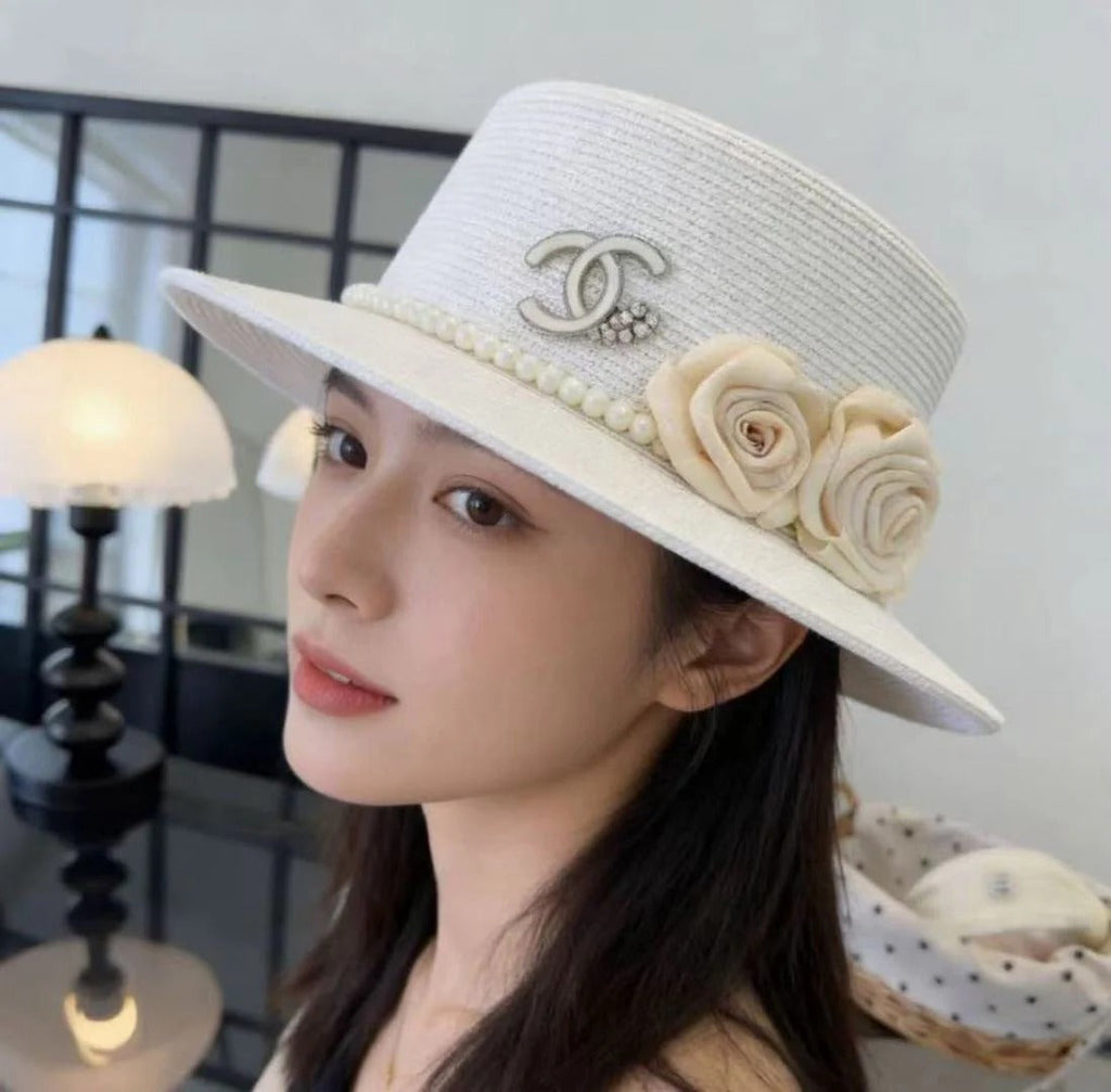 CC Flat-top Straw Hat With Flower Pearl 269016