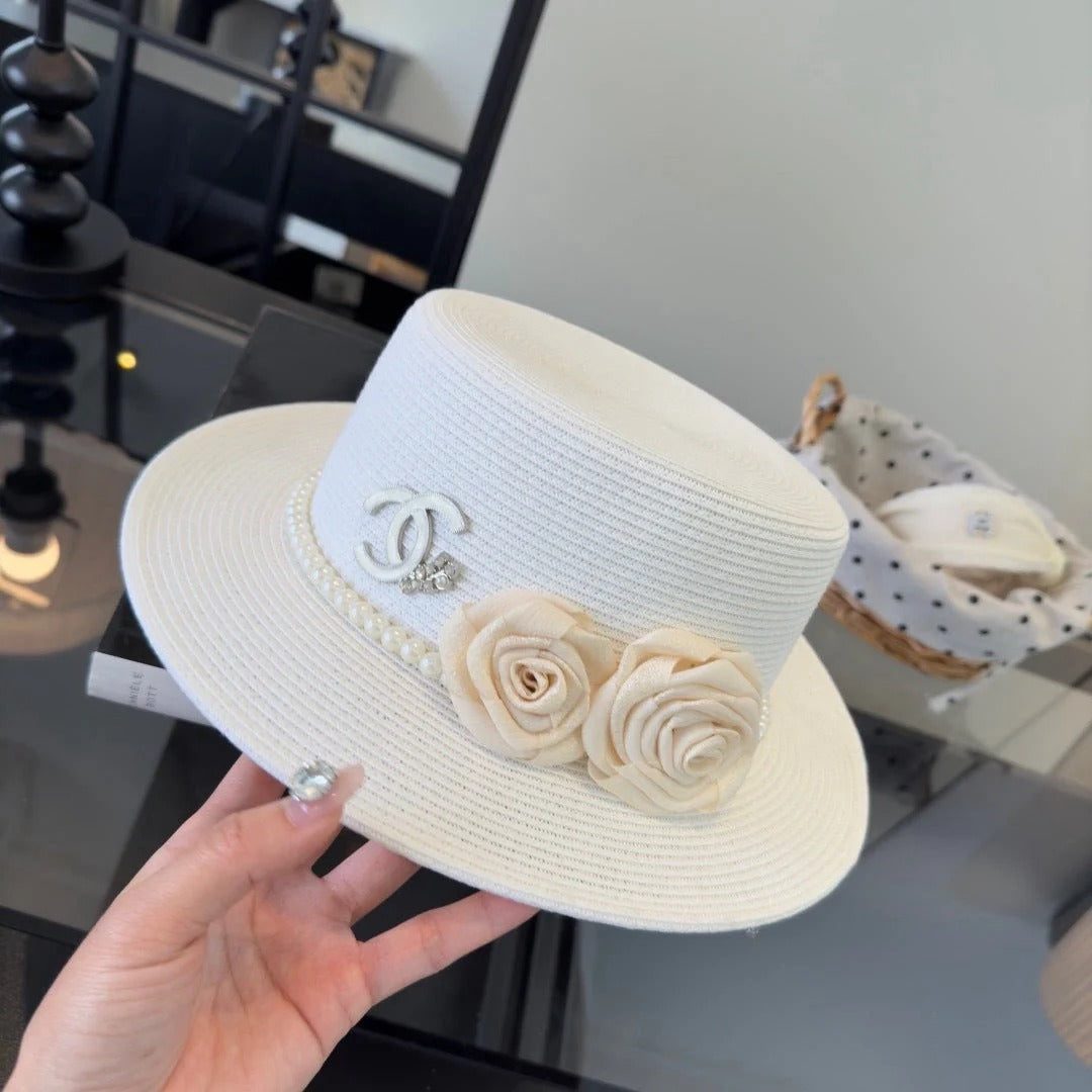 CC Flat-top Straw Hat With Flower Pearl 269016