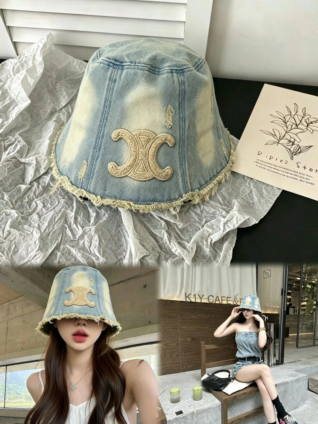 CE Denim Bucket Hat With Embroidered Triomphe Logo 212952