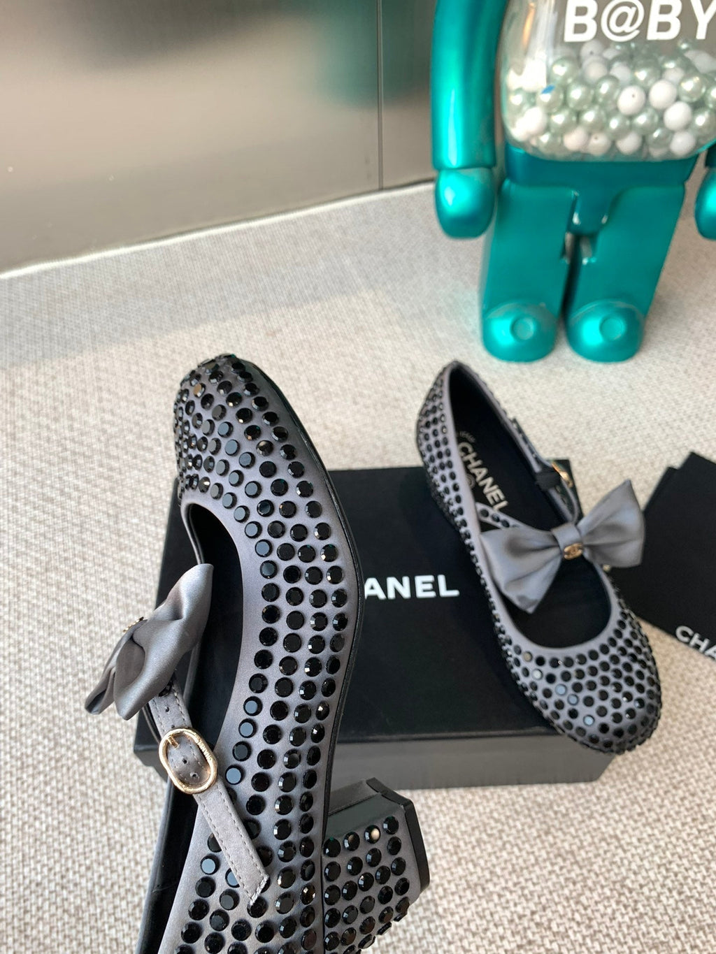 CHANEL MARY JANES SHOES IN STEEL GRAY SATIN WITH BLACK RHINESTONES