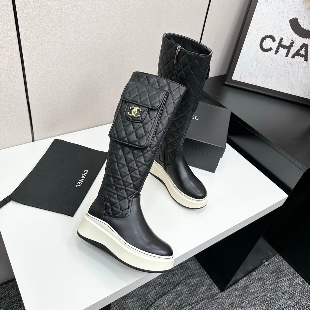 CHANEL 25S WEDGE KNEE-HIGH BOOTS IN BLACK CALFSKIN SILVER HARDWARE