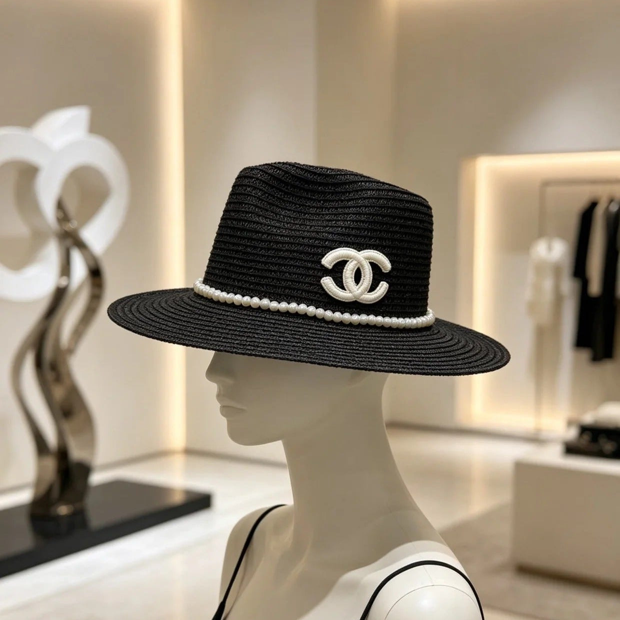 CC Straw Hat With Pearl and Logo 280796