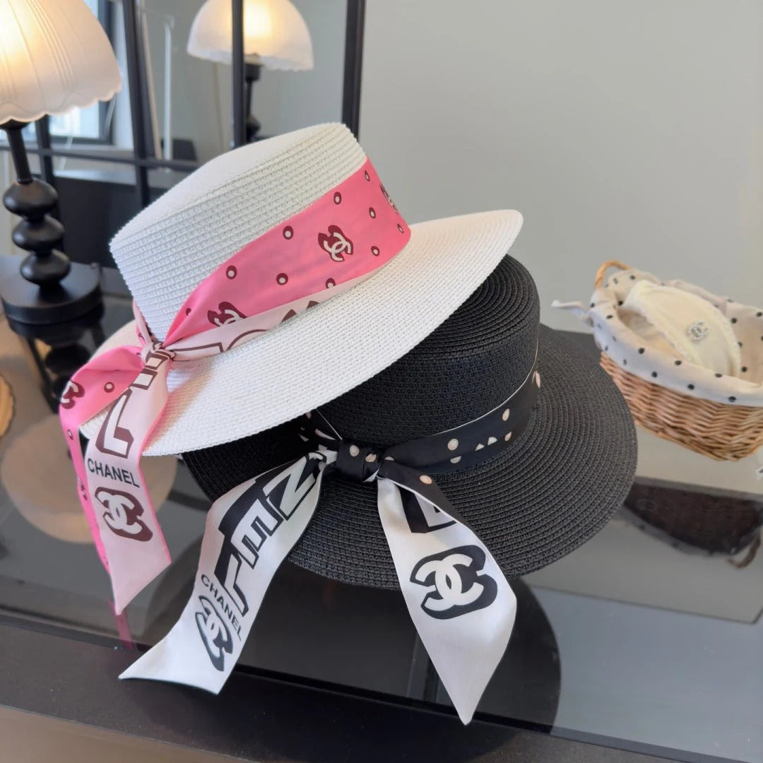 CC Flat-top Straw Hat With Silk Bow 279632
