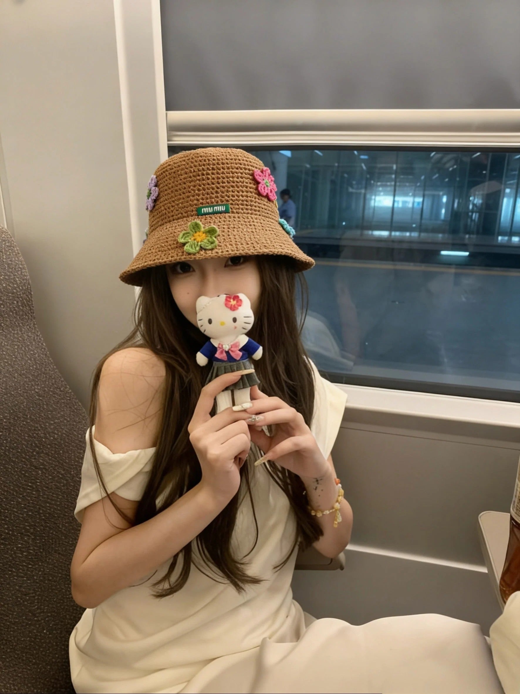 Miu Multicolor Flower Straw Bucket Hat 322156